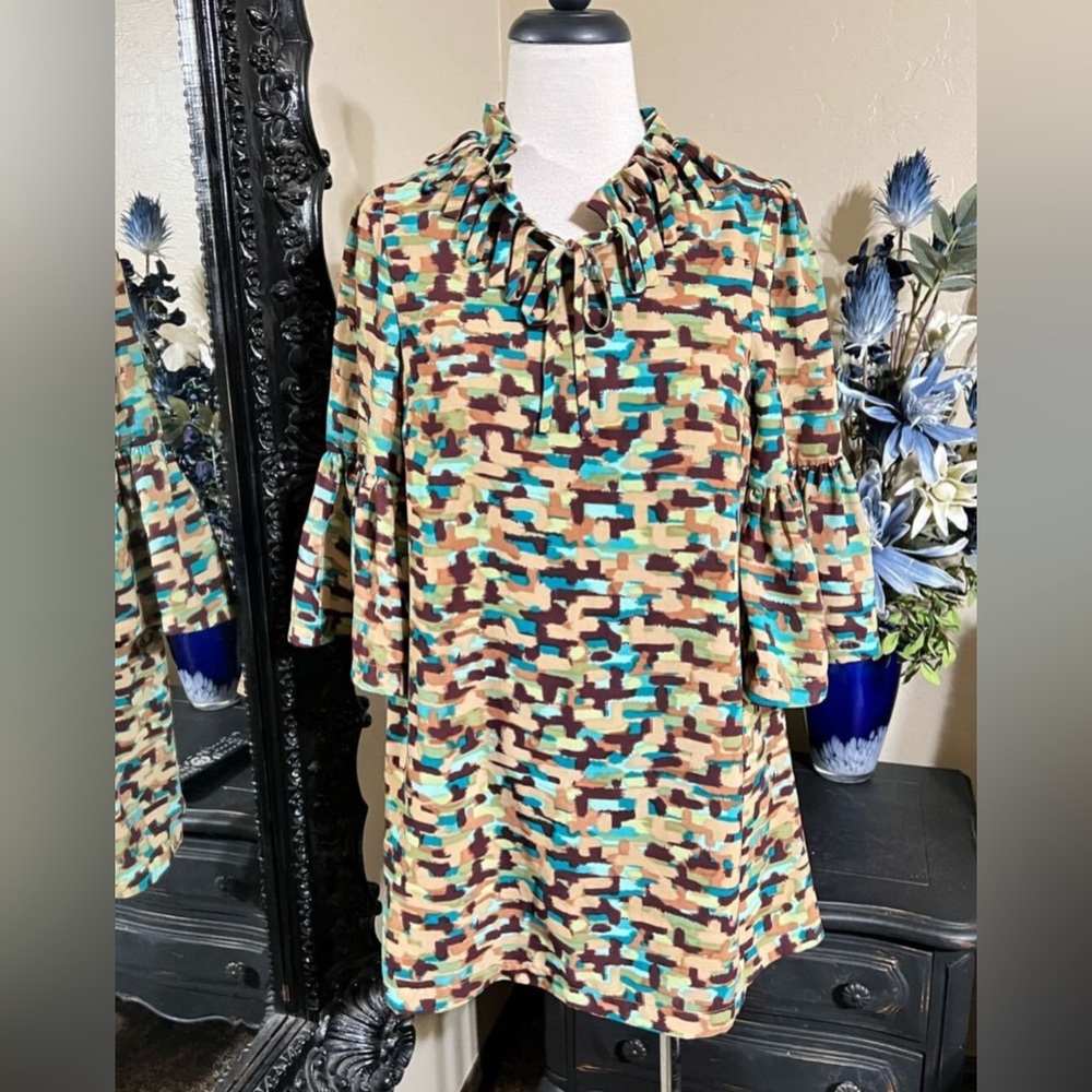 Twelve by Twelve Blue Brown A-Line Dress with Bell Sleeves